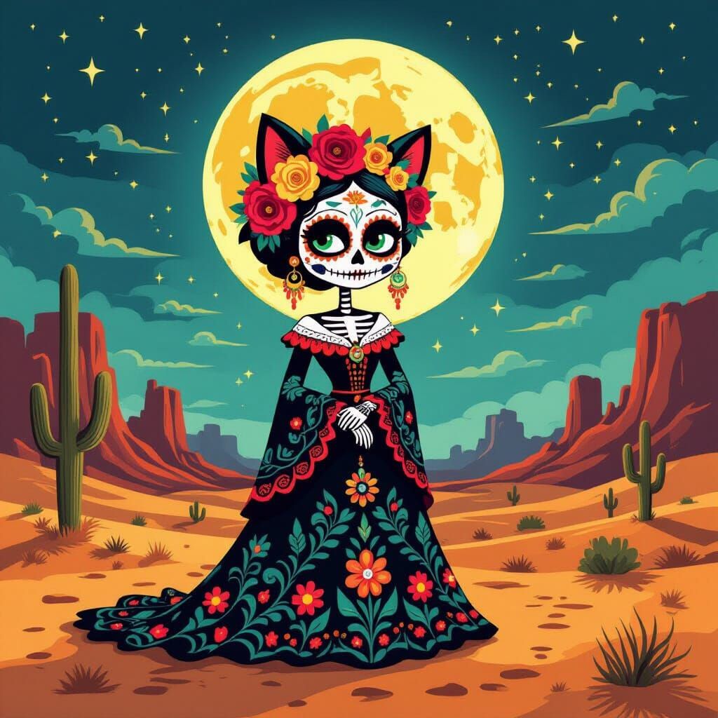 Majestic Catrina in Moonlit Desert, Mexican Folk Art Style