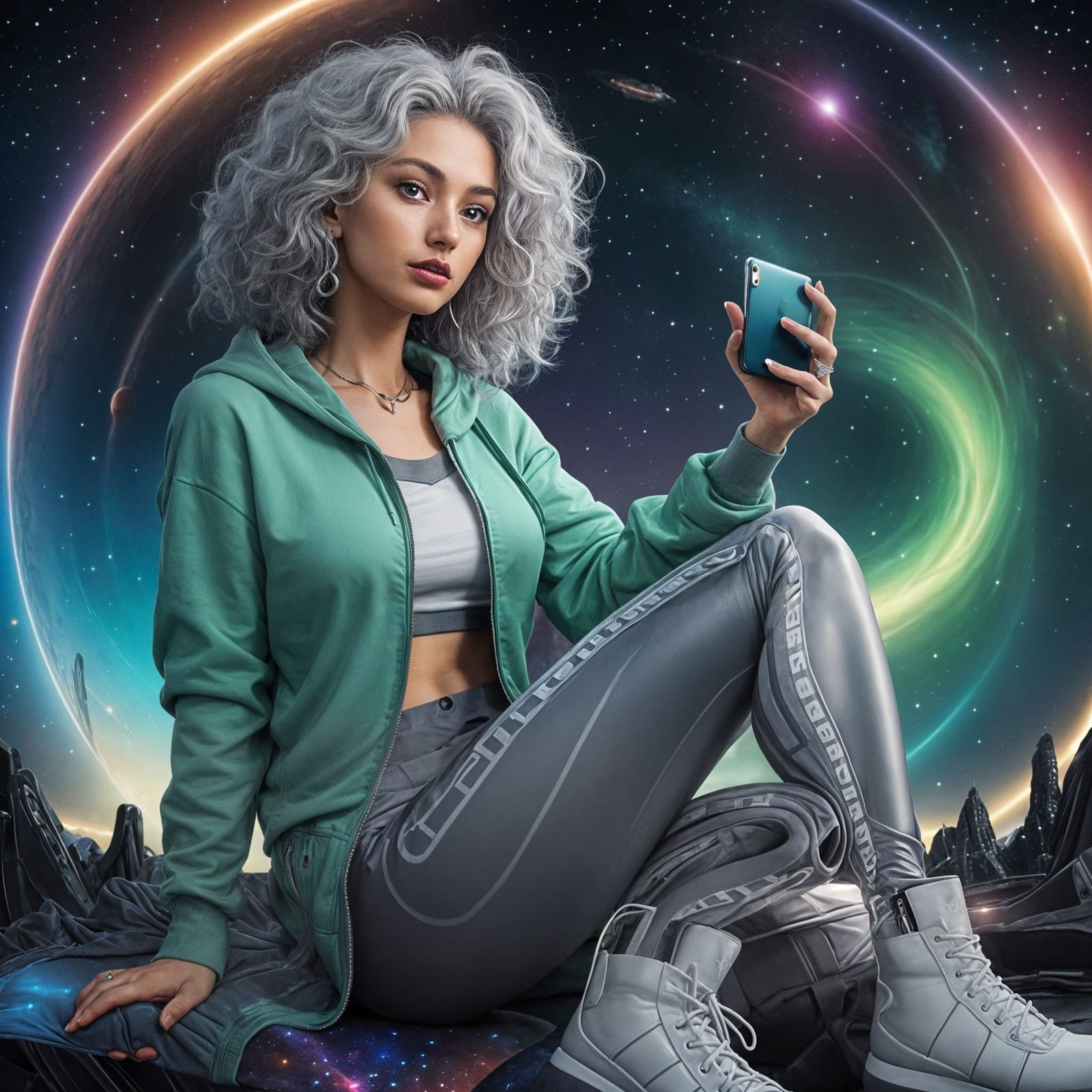 Woman in Space with iPhone: Cosmic Energy