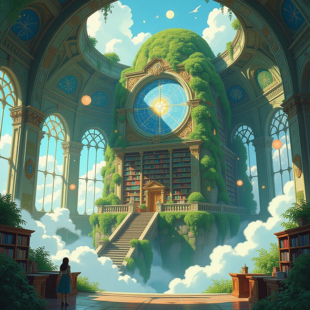 Ancient Floating Library in Pastel Sky, Ghibli Style