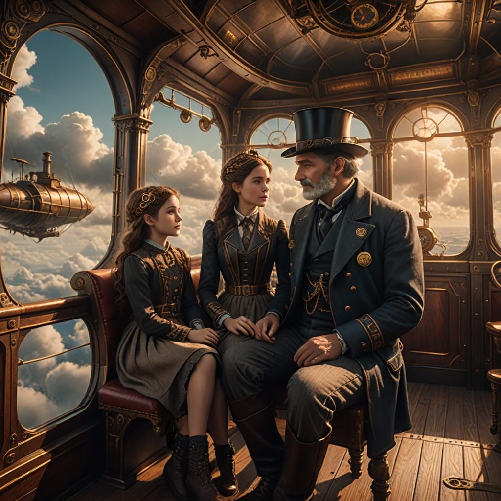 Father Daughter Moment on Steampunk Airship Deck