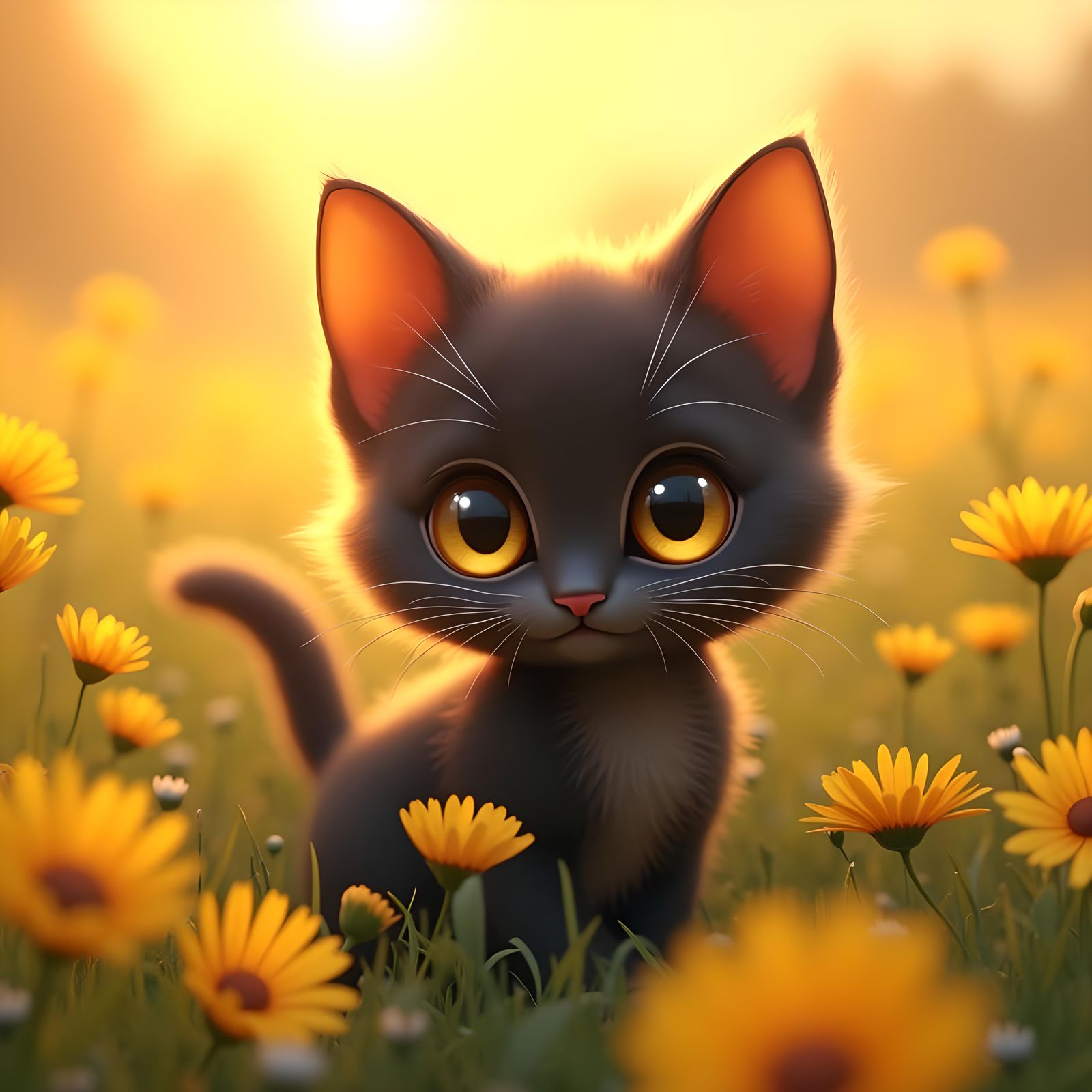 Vibrant, cute animated kitten with black fluffy fur, big eye...