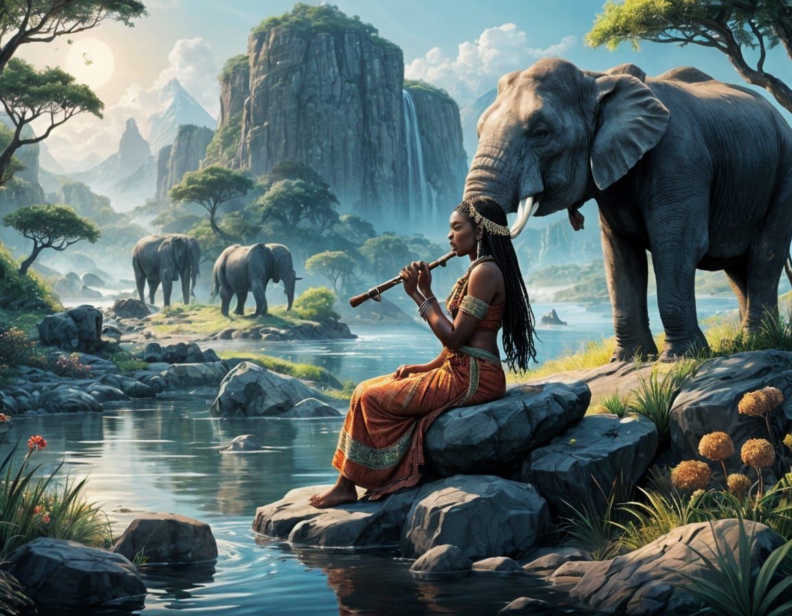 Serene African Landscape with Musicians and Elephants