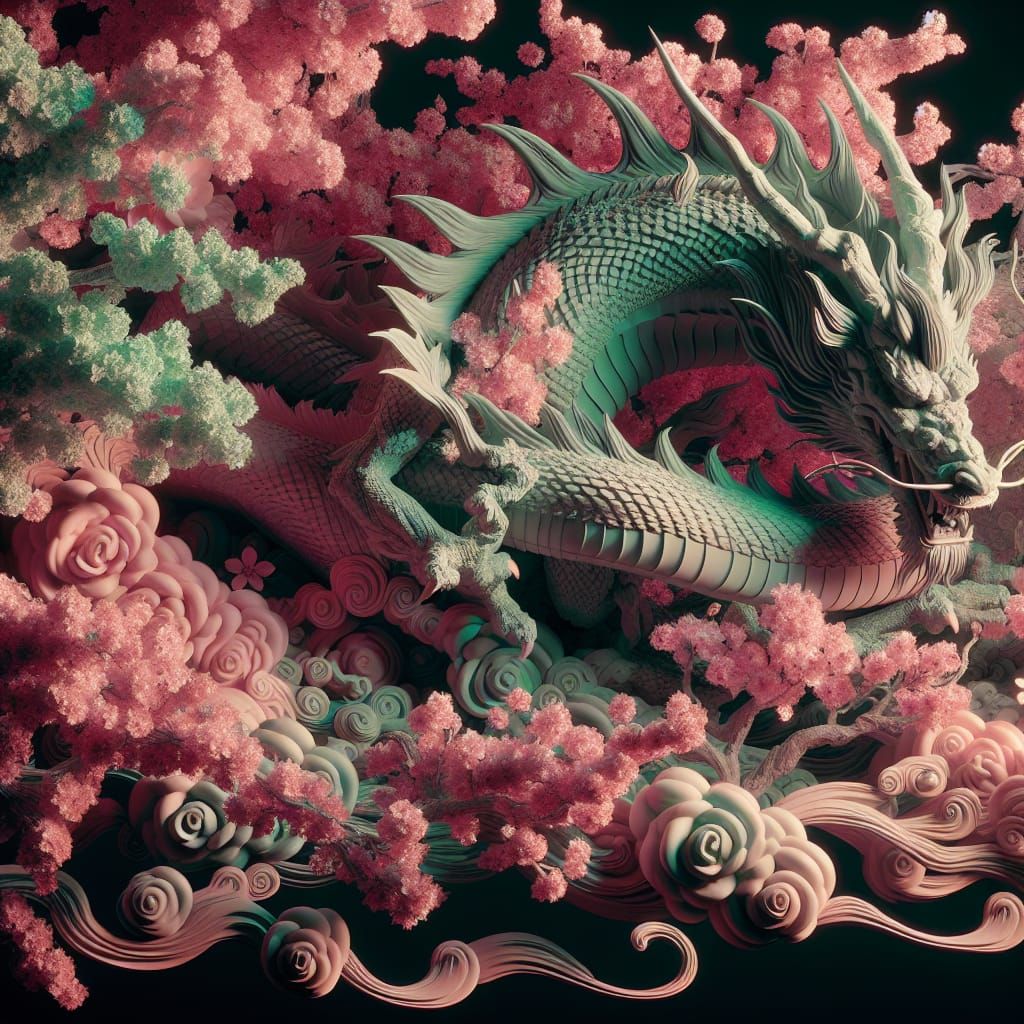 Japanese dragon sleeping in a cherry blossom tree (pink/gree...