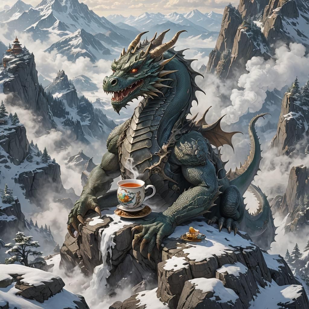 Dragon Sipping Tea Atop Mountain Peak