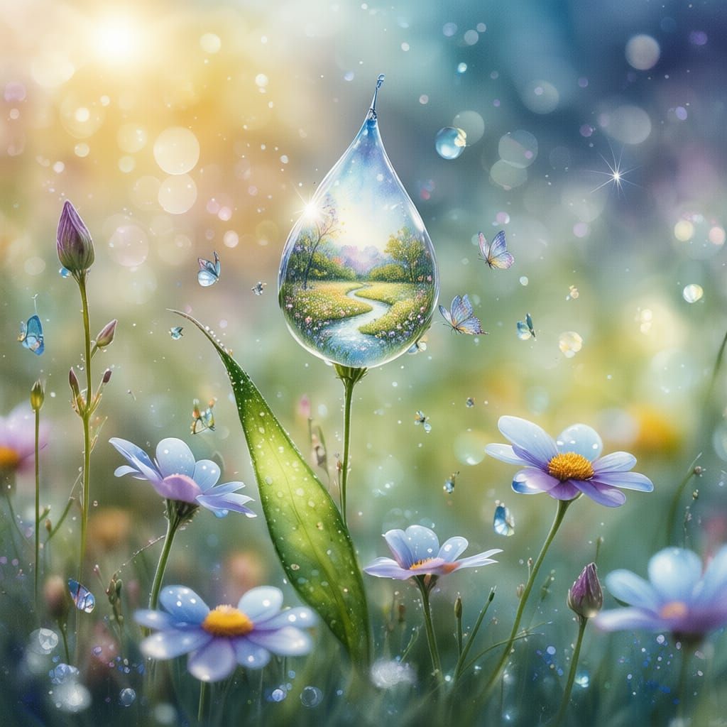 Dewdrop Reflecting Hidden Meadow on Flower Petal