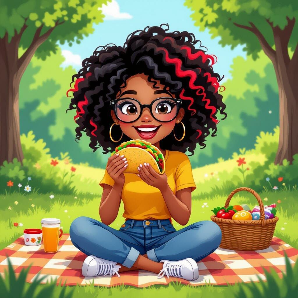 Animated Woman Enjoying Taco at Picnic