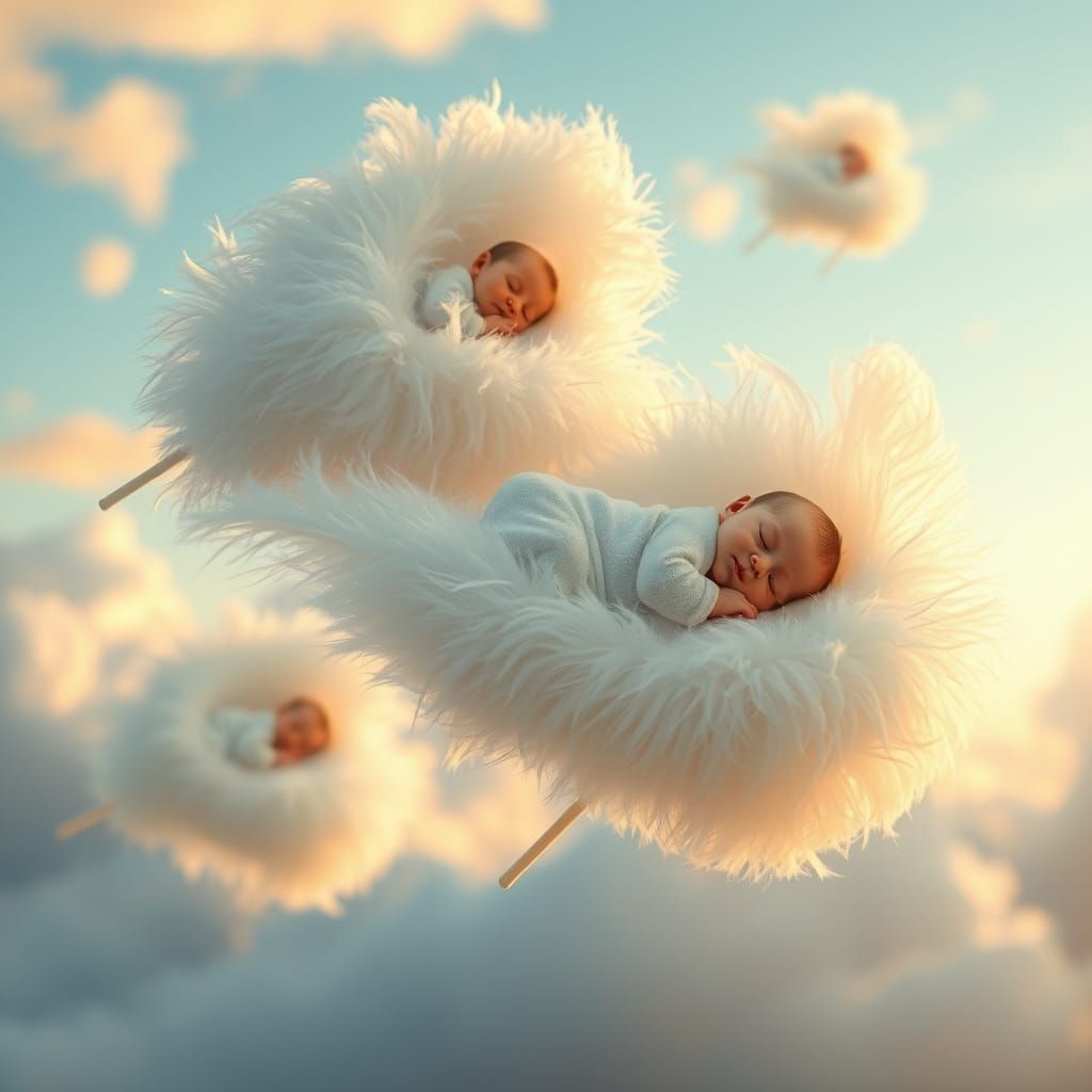 Ethereal Sky with Floating Feathered Babies