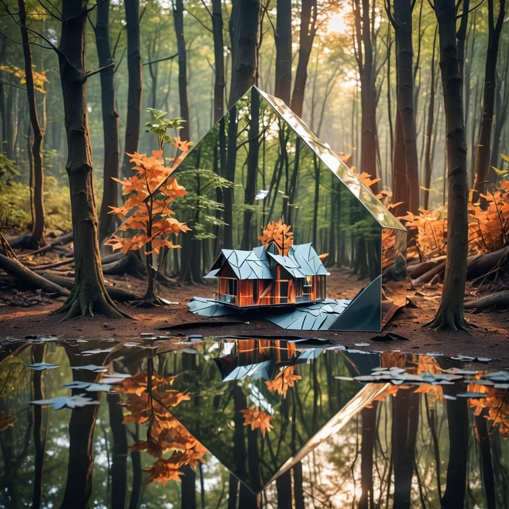 Burning Treehouse Reflected in Forest Mirror