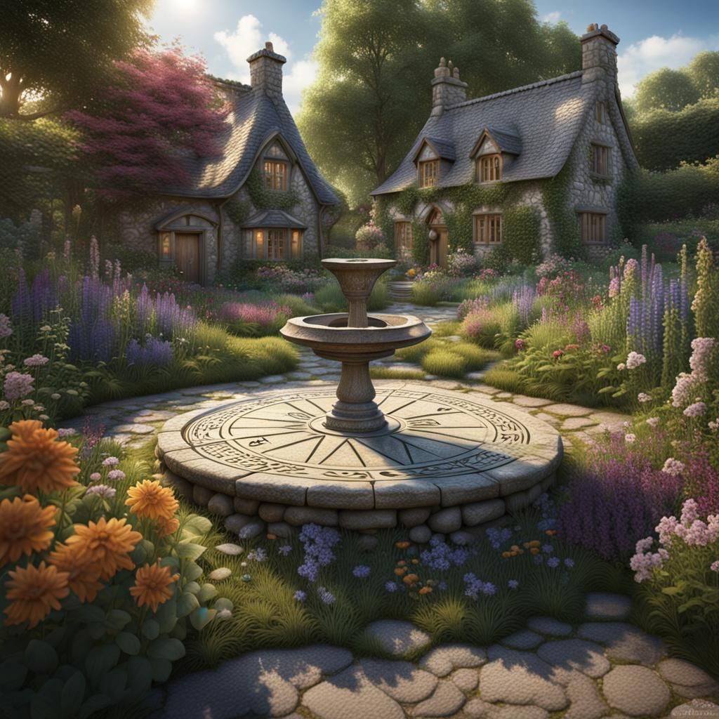Stone Sundial in Cottage Garden: Detailed Matte Painting