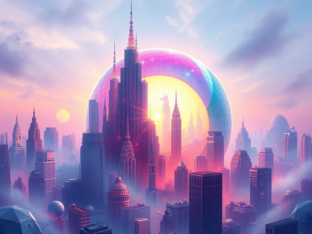 Futuristic Metropolis City in Rainbow Fractal Sphere