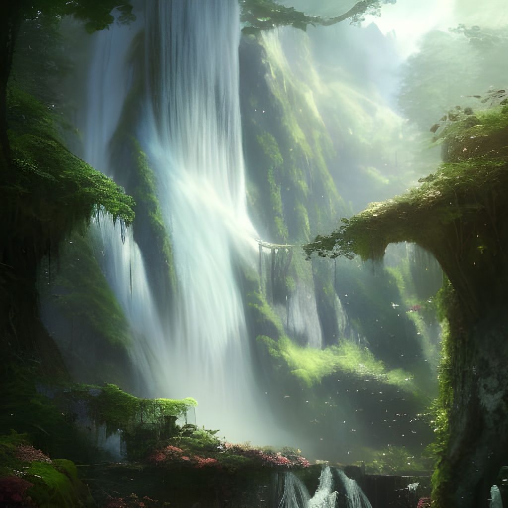 Lush Flower Garden Waterfall in Dark Fantasy Style
