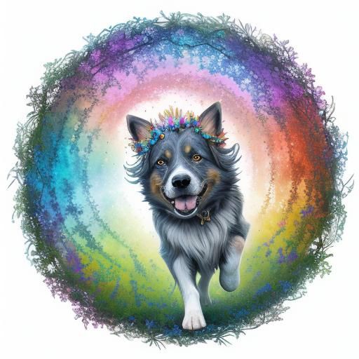 Dog with Flower Crown Enters Shimmering Portal