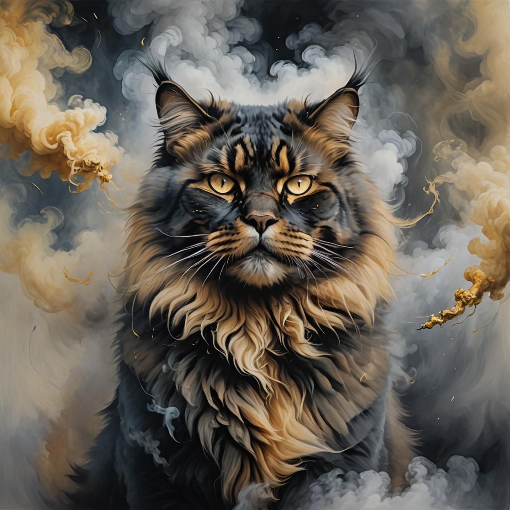 Majestic Black Cat in Smoky, Golden Oil Painting