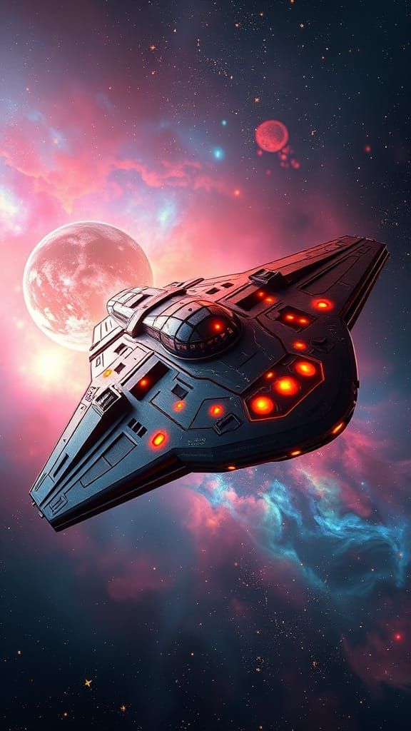 Advanced Spaceship Amidst Golden Stars and Iridescent Nebula