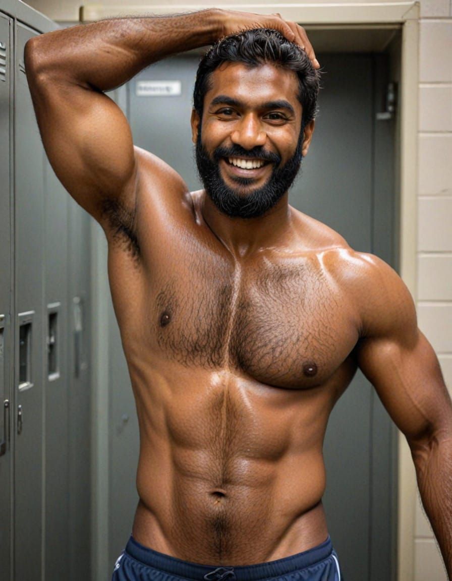 Muscular Brown-Skinned Man Smiling in Locker Room