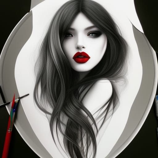 Beautiful Woman with Red Lips in Noir Painting