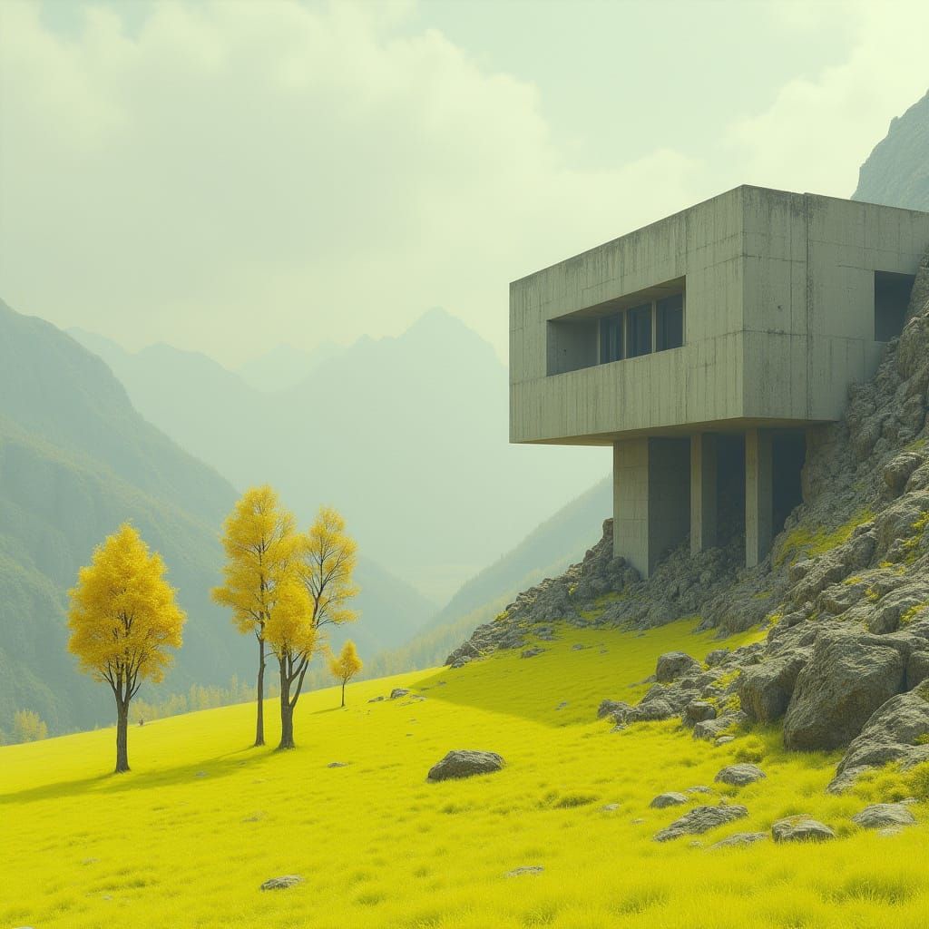 Concrete Monolith in Liminal Dreamscape, with Vibrant Yellow...