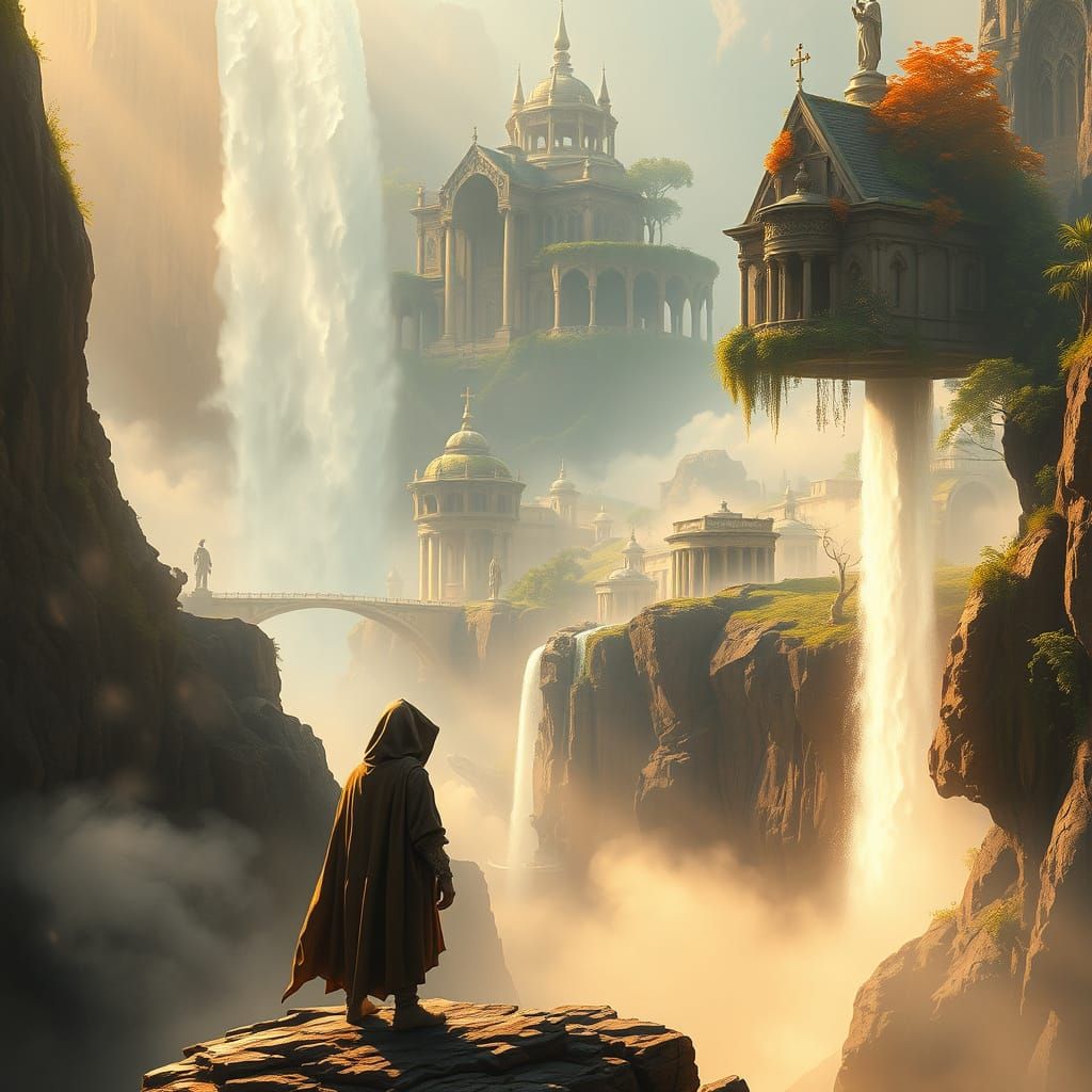 Mystical Celestial Waterfall in Dreamlike Landscapes