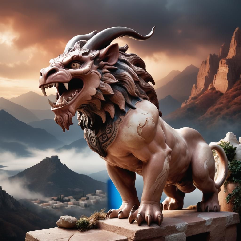 Greek Chimera Roars in Mystical Landscape