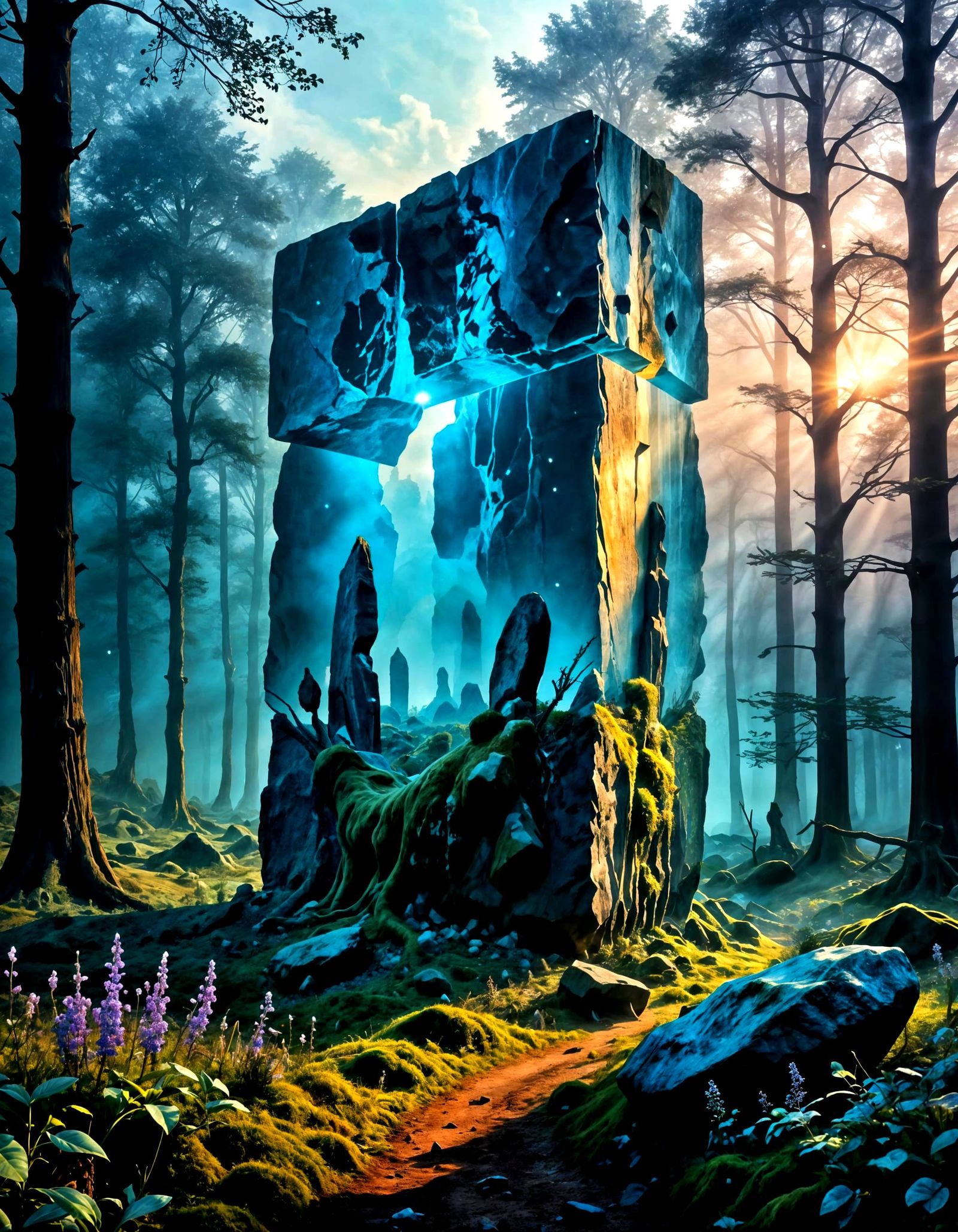 Surreal Monolith in Mysterious Forest Landscape