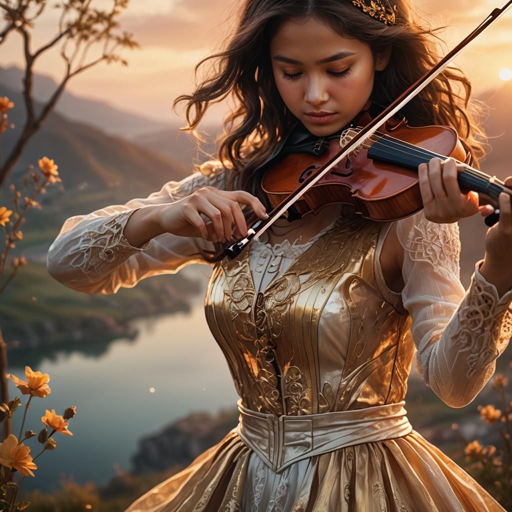 Woman Plays Violin at Sunset: Fantasy Art