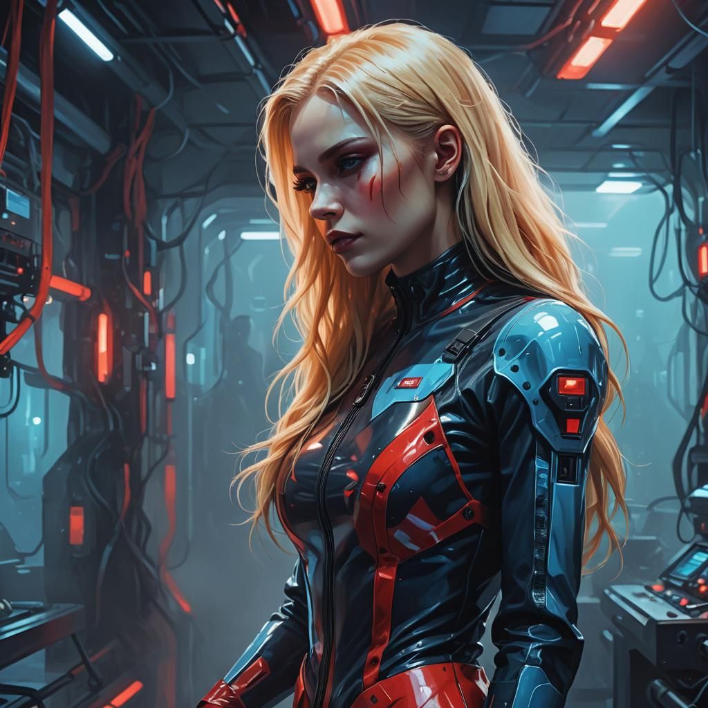 Cyberpunk Woman in Sci-Fi Lab with Dramatic Lighting