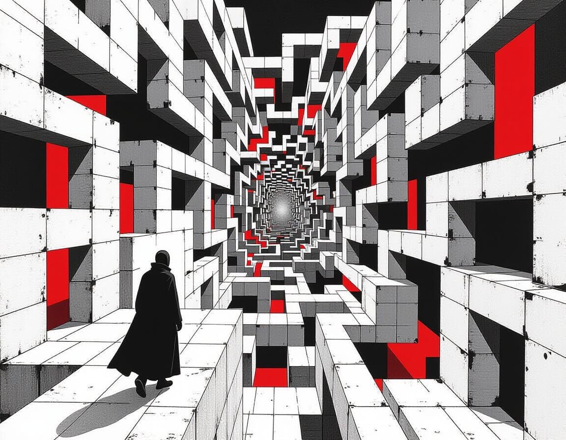 Escher-Inspired Labyrinth with Brutalist Stairwells and Lone...