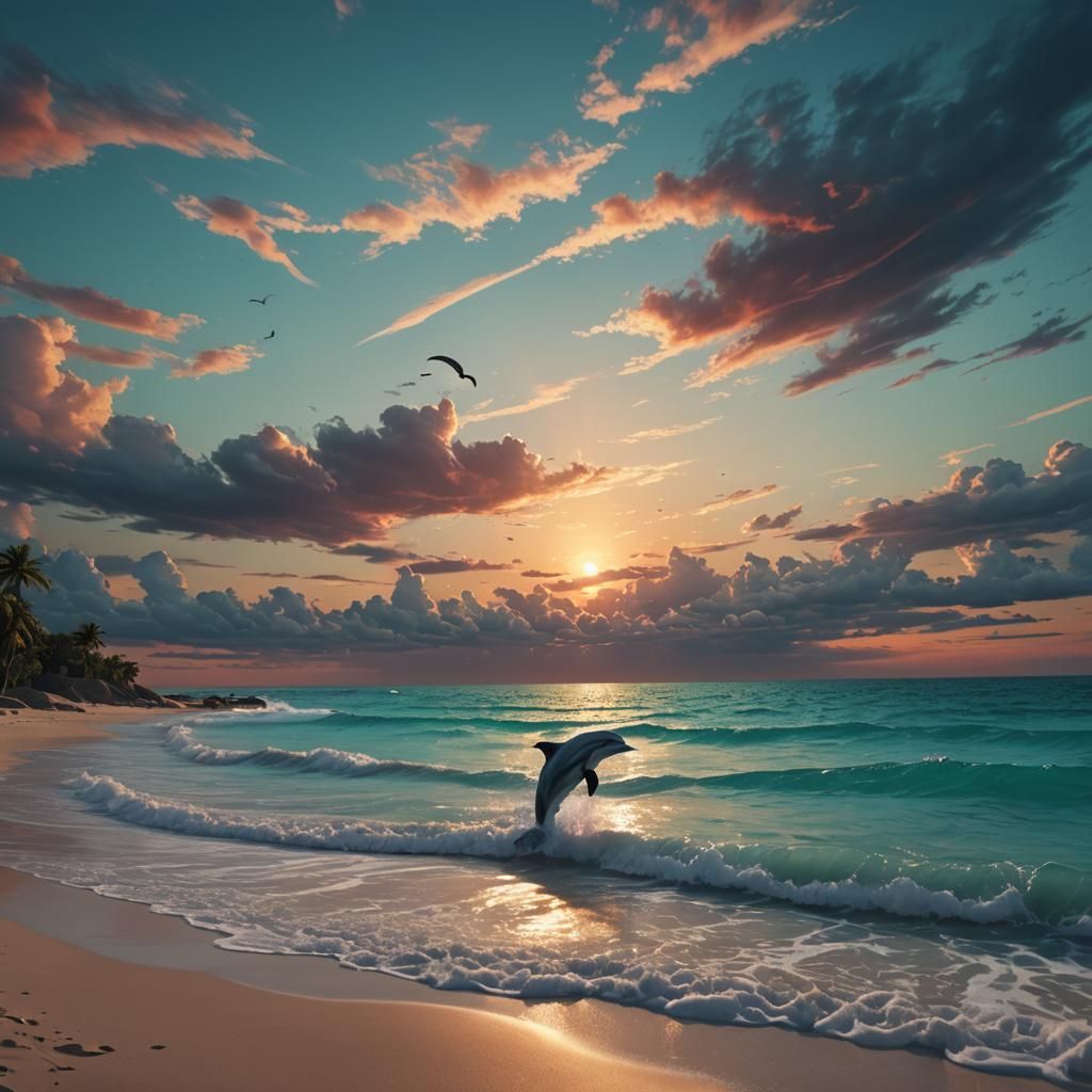 Colorful Sunset Over Beach with Dolphin as Matte Painting