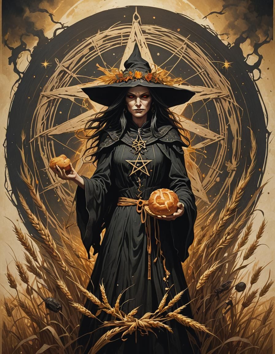 Sinister Harvest Witch with Bread and Sun Pentagram
