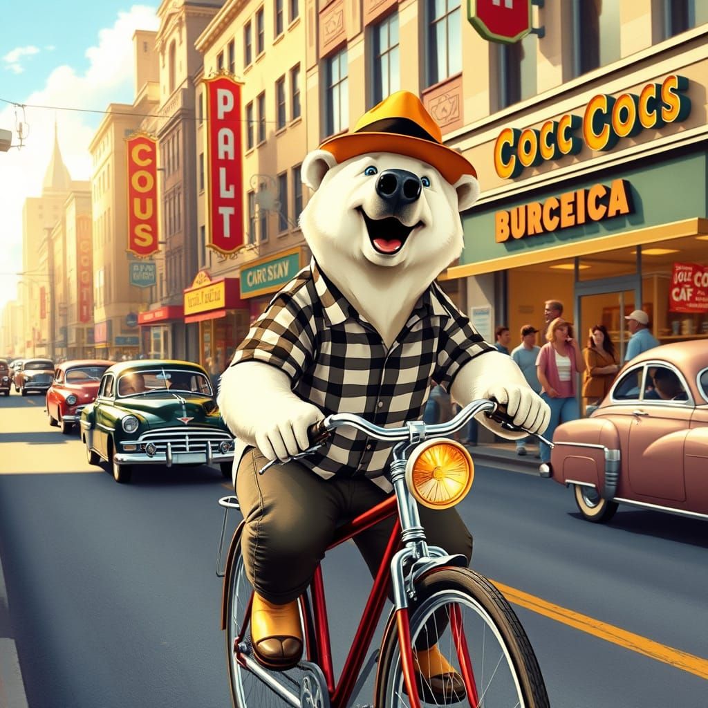 Polar Bear Rides Bicycle on 1950s Street