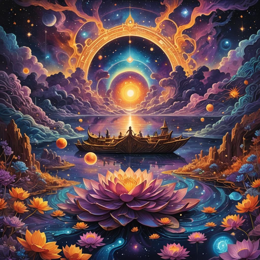 Ra's Underworld Passage: A Psychedelic Illustration