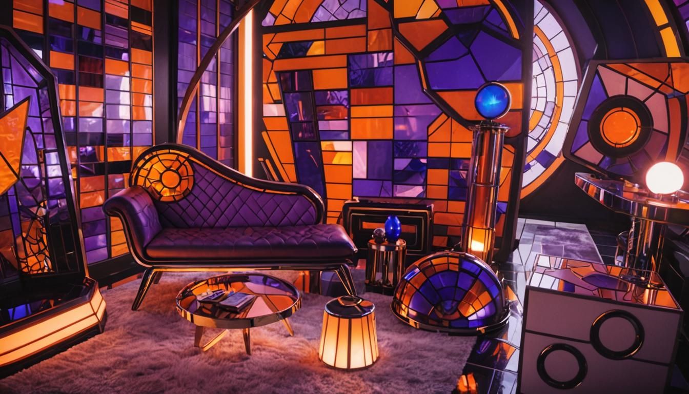 Retro-Futuristic Living Room with Stained Glass Windows