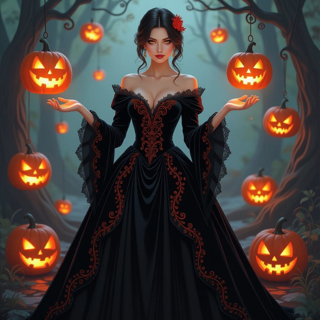 Ember Gown with Living Pumpkin Vines, in Dark Fantasy Style