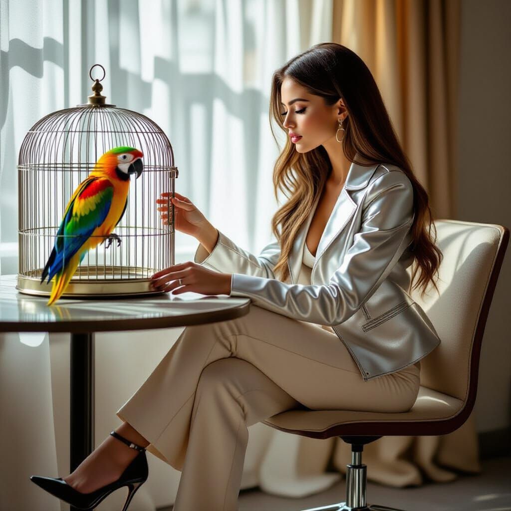 Young Woman Feeds Parrot in Photorealistic Room Scene