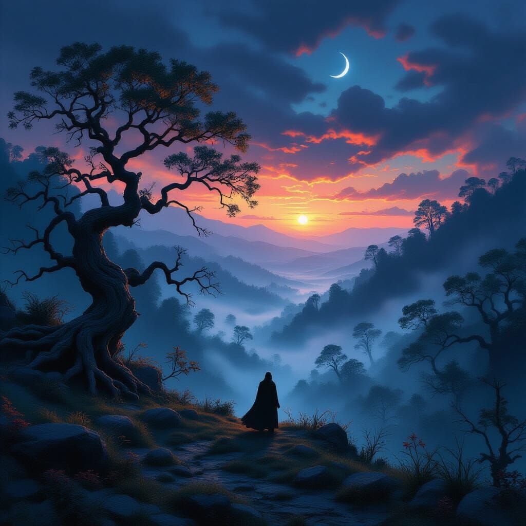 Lone Figure Overlooks Ancient Forest at Twilight