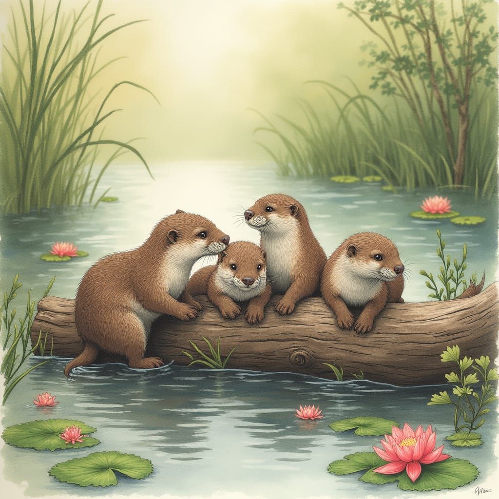 Whimsical Otters at Play in a Serene Watercolor Landscape