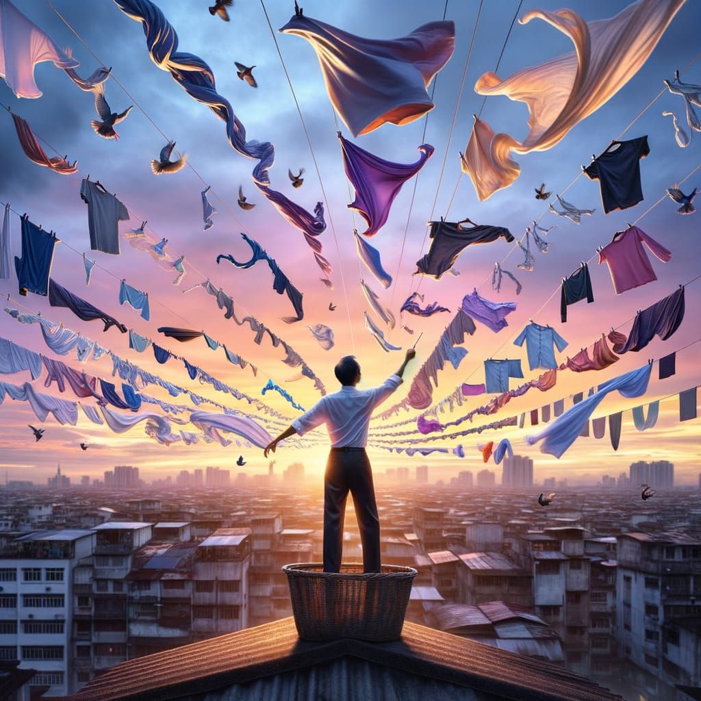 Man Conducts Laundy Orchestra at Sunset Over Cityscape