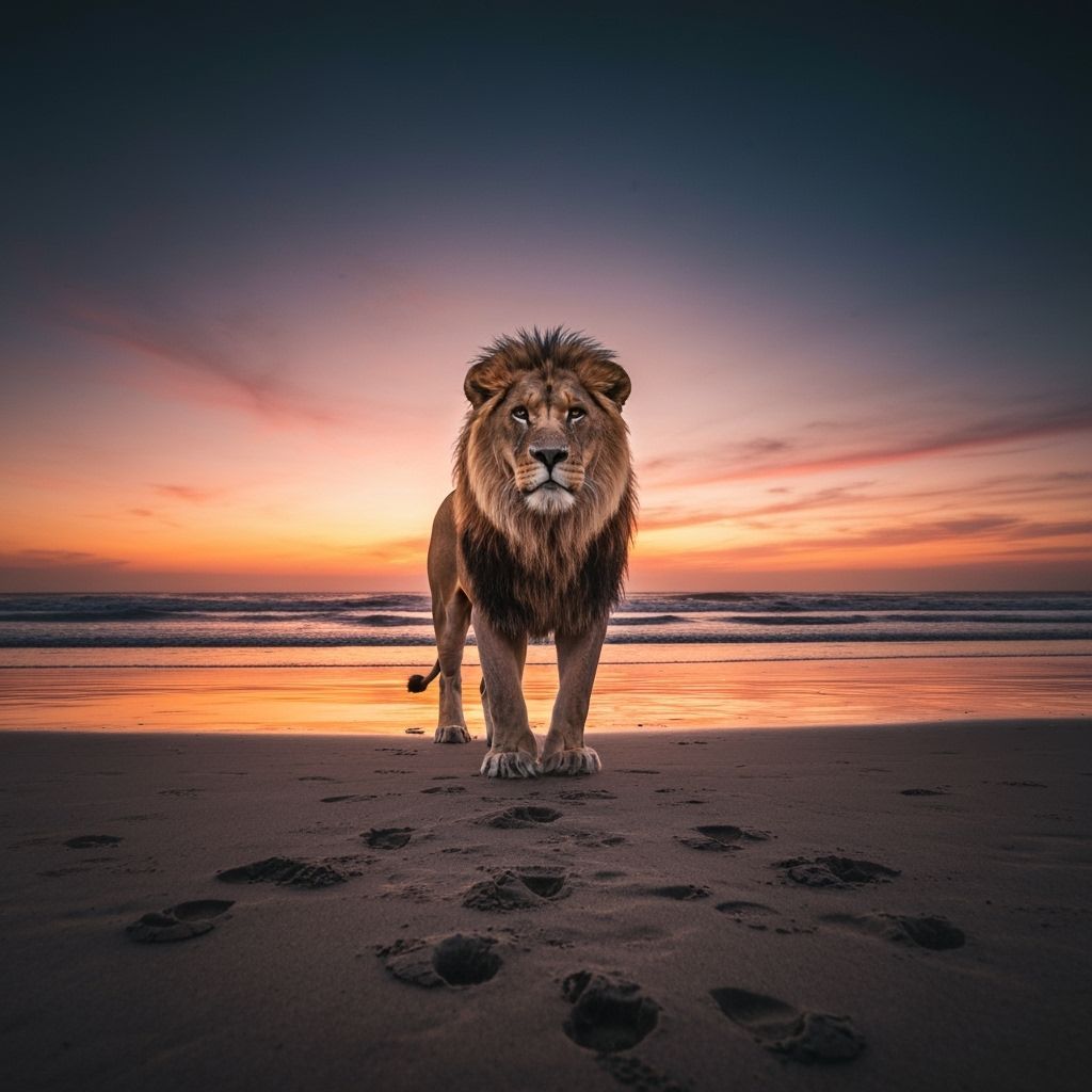 Lion's Roar on a Sunset Beach, Dramatic Lighting