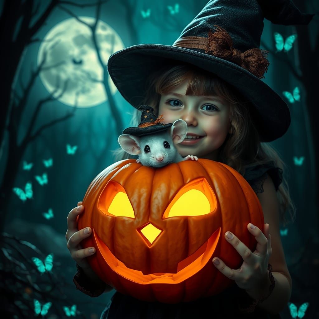 Happy Witch with Pumpkin in Enchanted Forest