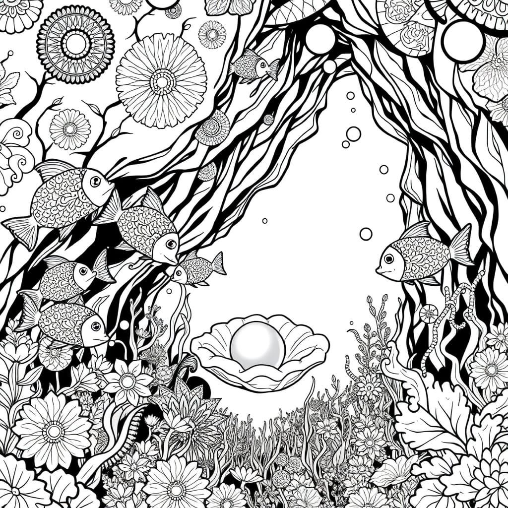 Enchanted Underwater Realm in Black and White Line Art