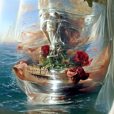 Ship in Vase with Angel and Roses, Oil Painting