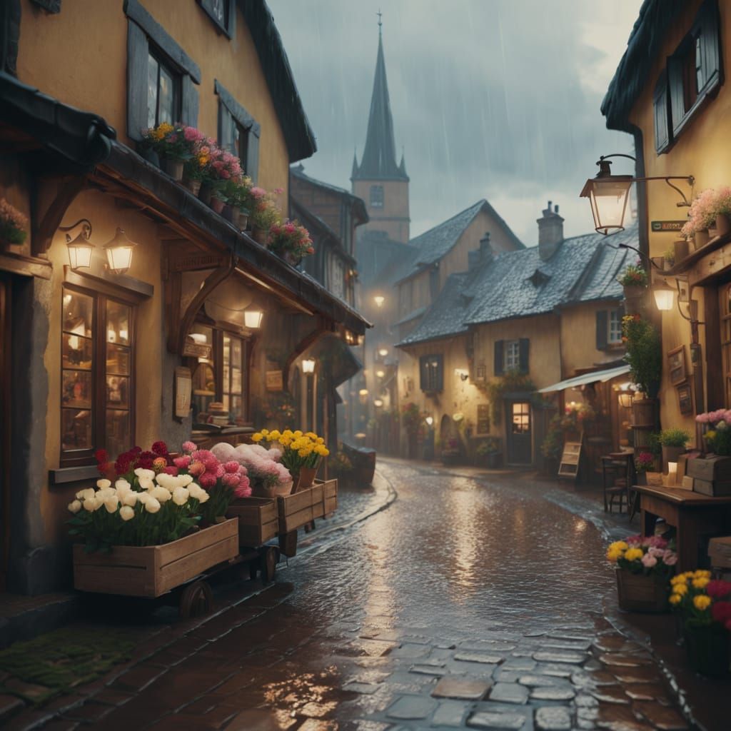 Rainy Village Street with Shops: Oil Painting Style