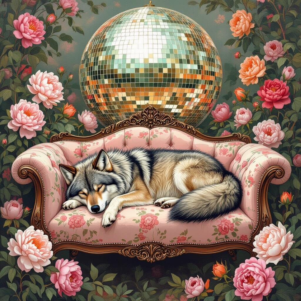 Wolf Napping on Floral Couch in Alphonse Mucha Style