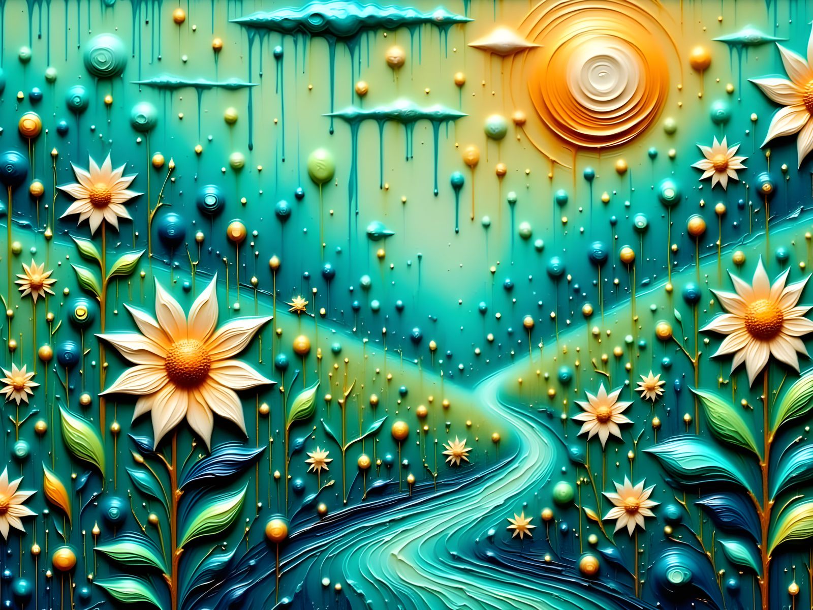 Vibrant Teal and Gold Impasto Oil Painting in 3D Texture