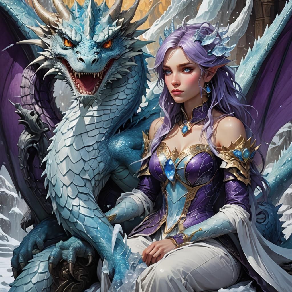Icy Dragon Girl on Throne in Dark Fantasy Style