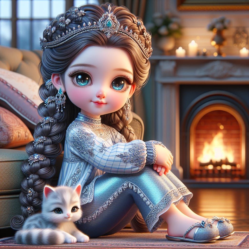 Disney Pixar style 3D adorable beautiful sleepy little Princess, expressive eyes, Long hair in braids with silver and bl...