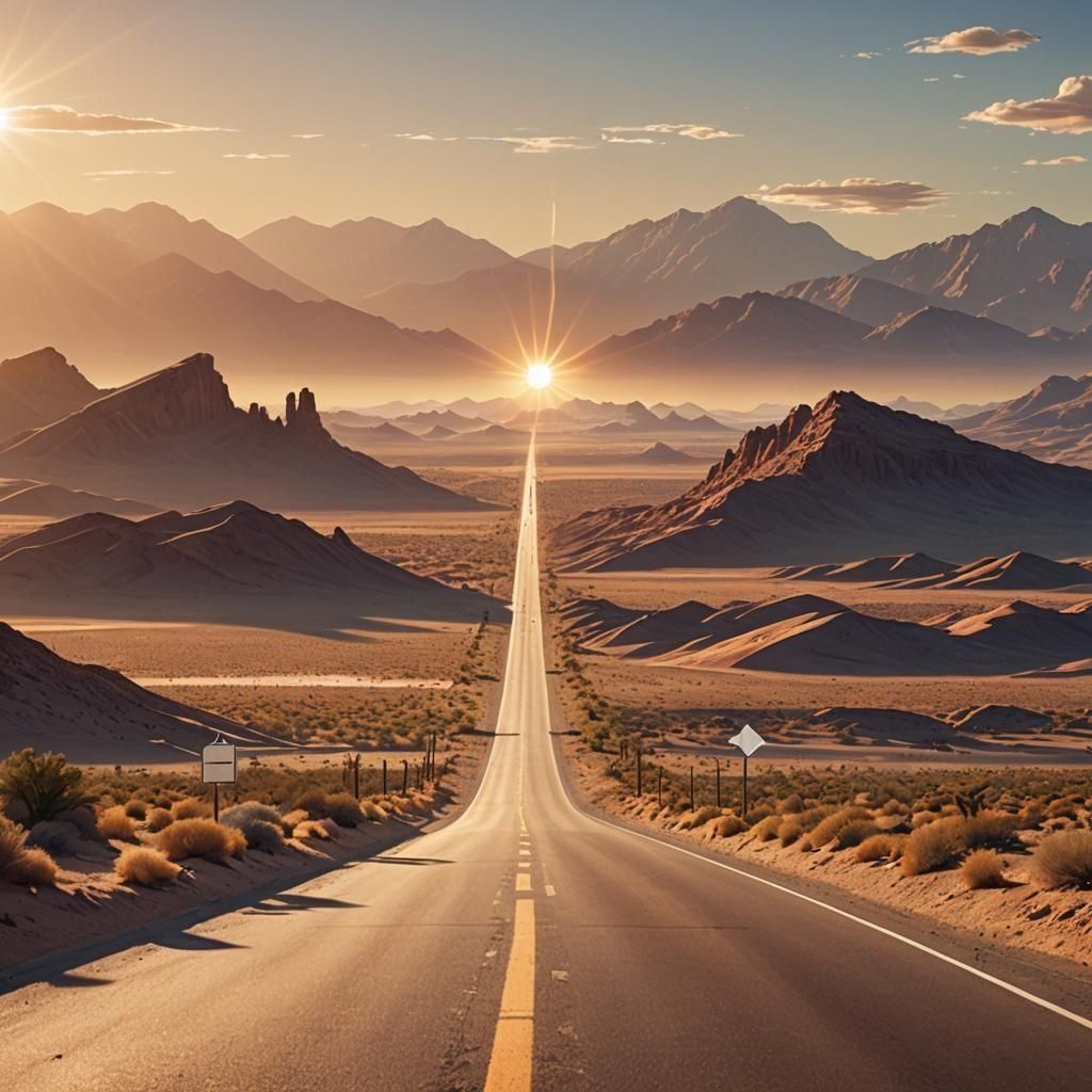 Desert Road to Distant Mountains: Cinematic Digital Art