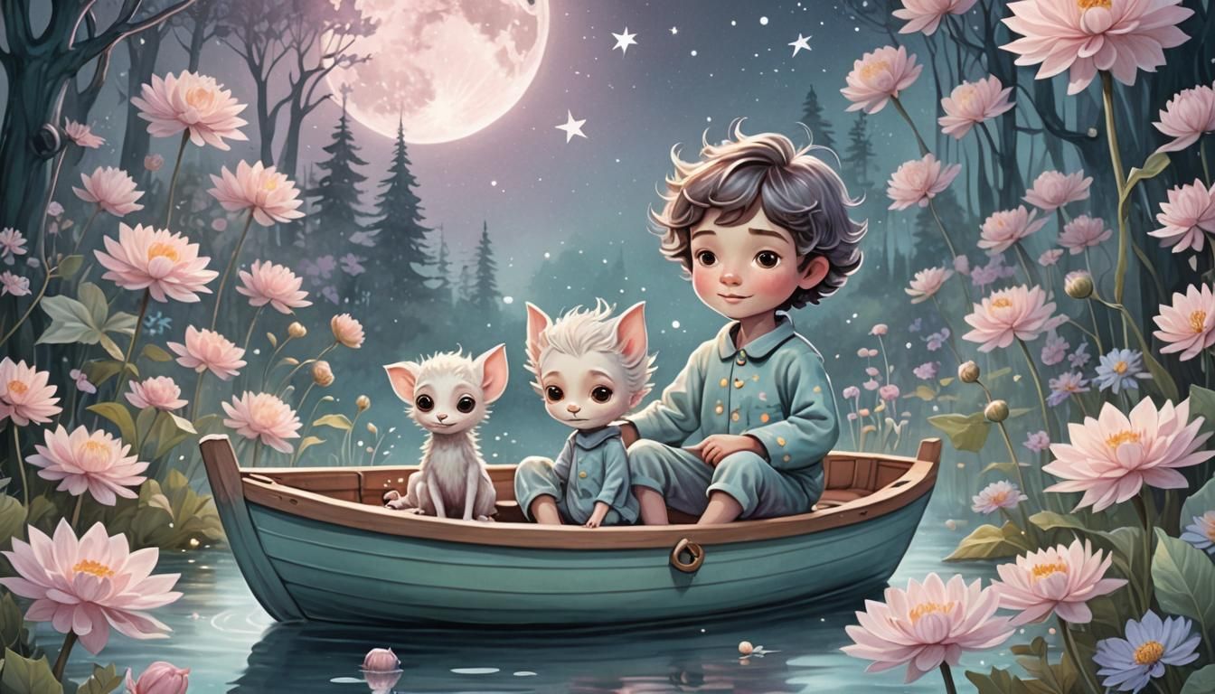Dreamy Garden: Boy and Alien in Moonlight