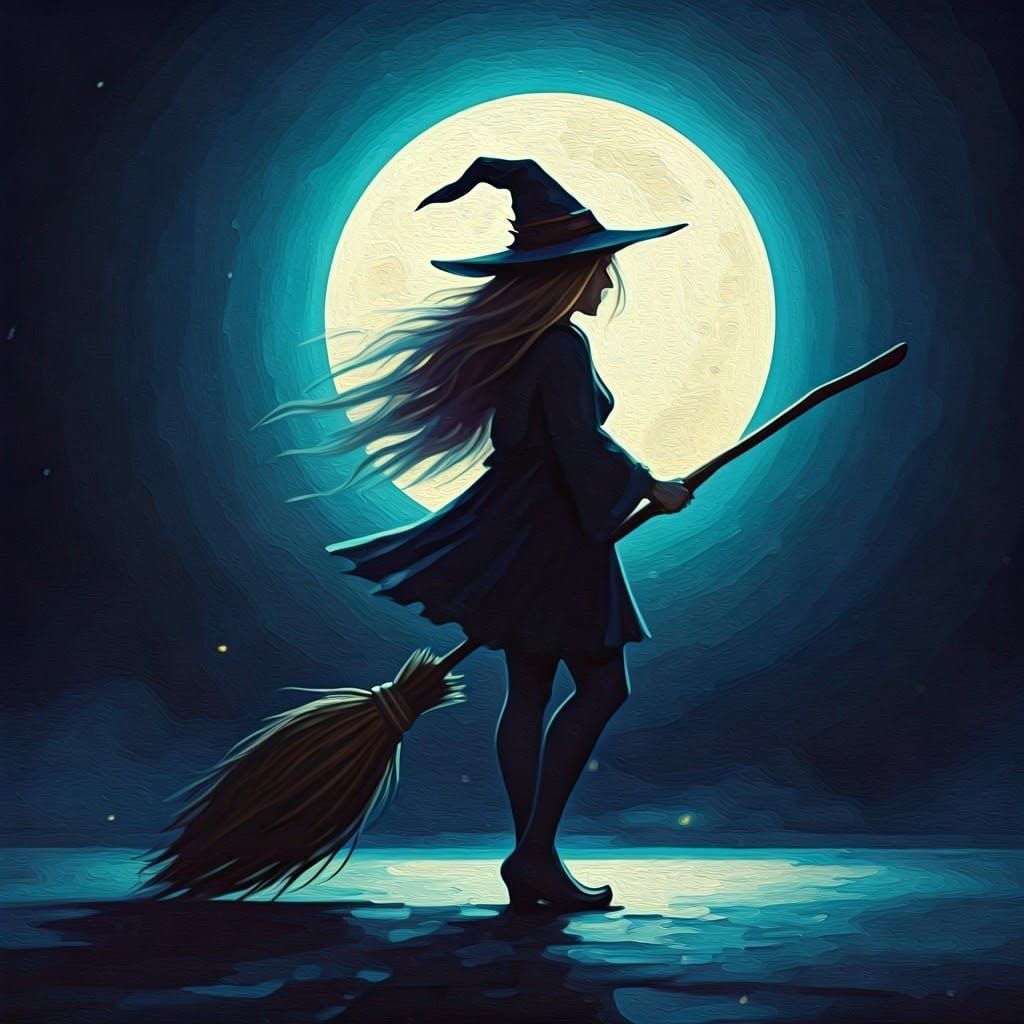 Witch on Broomstick in Gouache Watercolor Style