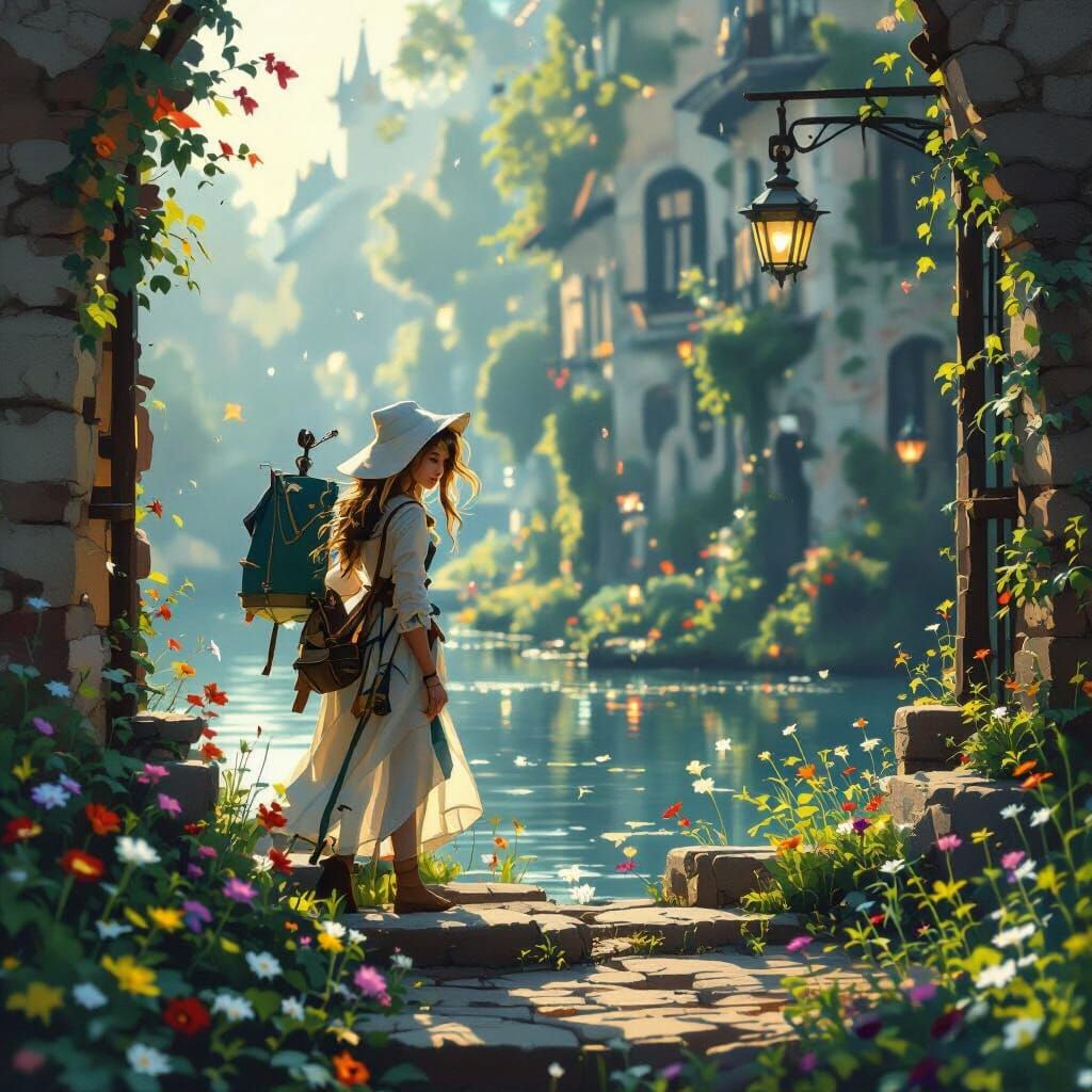 Young Woman in Golden Hour Field as Impressionistic Oil Pain...